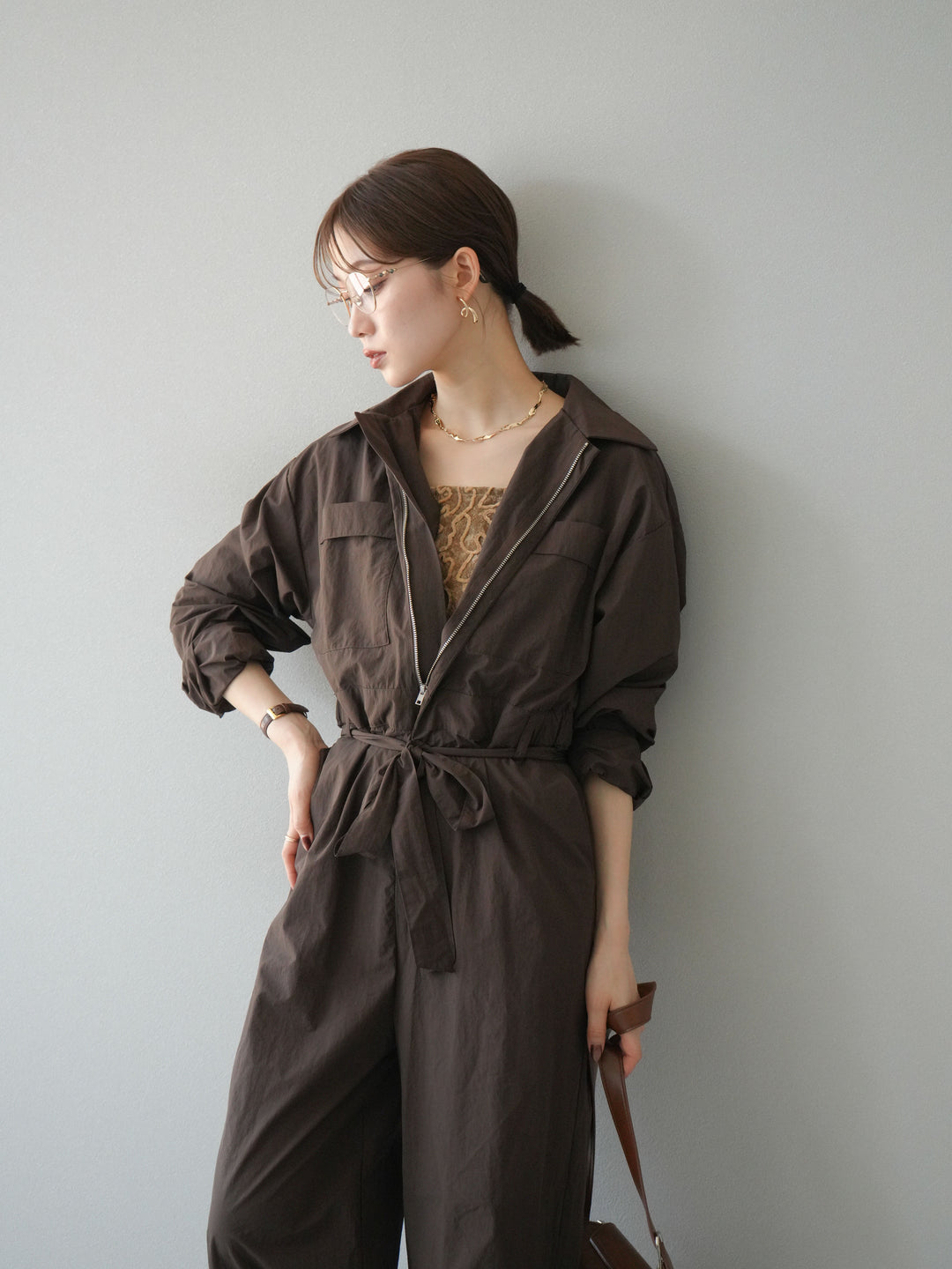 [予約]ナイロンジャンプスーツ/ブラウン