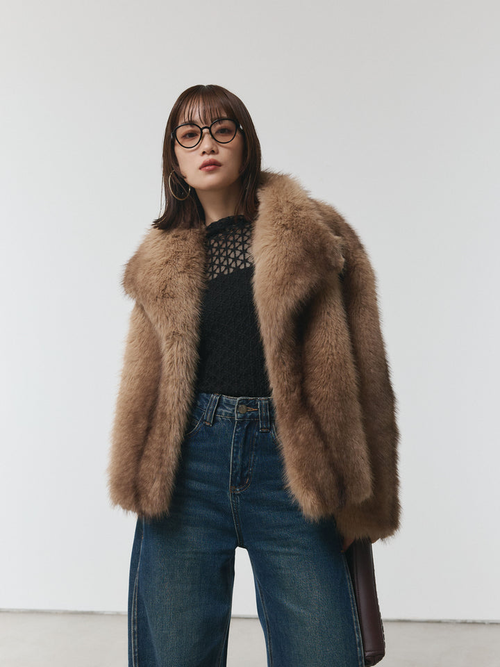 【Allure】[SET]フラワーレーストップス+フェイクファービックカラージャケット(2set)