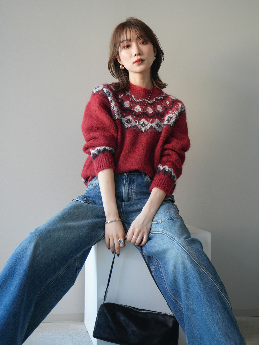 [SET]ソフトタッチ求心柄ニットプルオーバー+選べるアクセセット(2set)