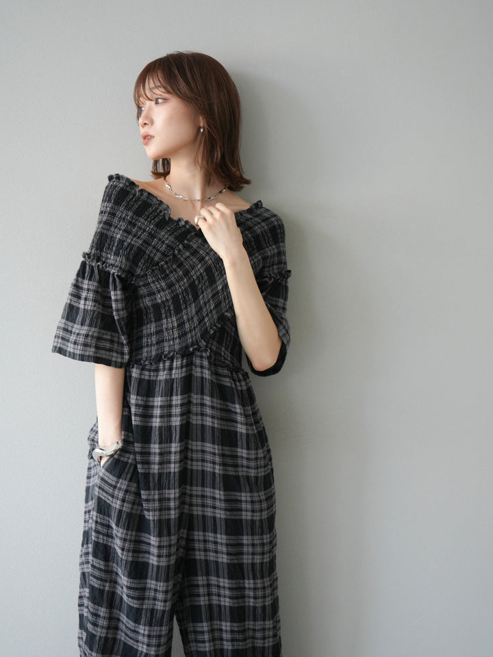 [予約]チェック柄ハーフスリーブシャーリングクロスサロペット/ブラック
