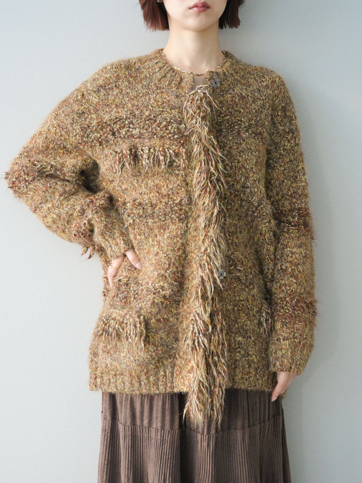 [SET]ミックスヤーンフリンジデザインニットジャケット+型押しスエードティアードプリーツスカート(2set)