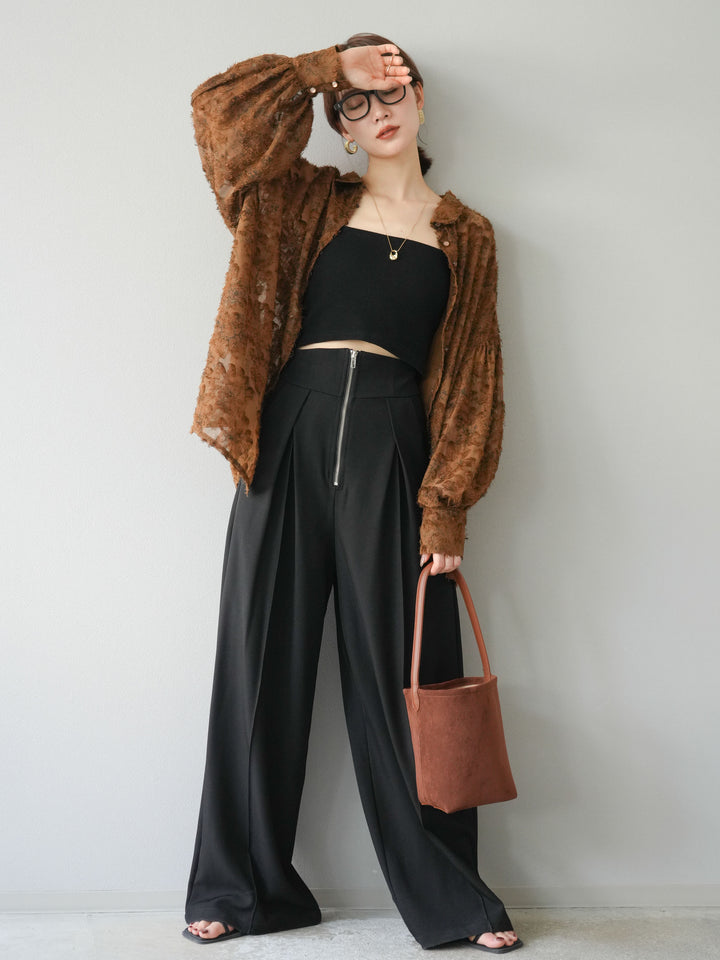 [予約]ニュアンスフリンジジャガードボリュームスリーブブラウス/ブラウン