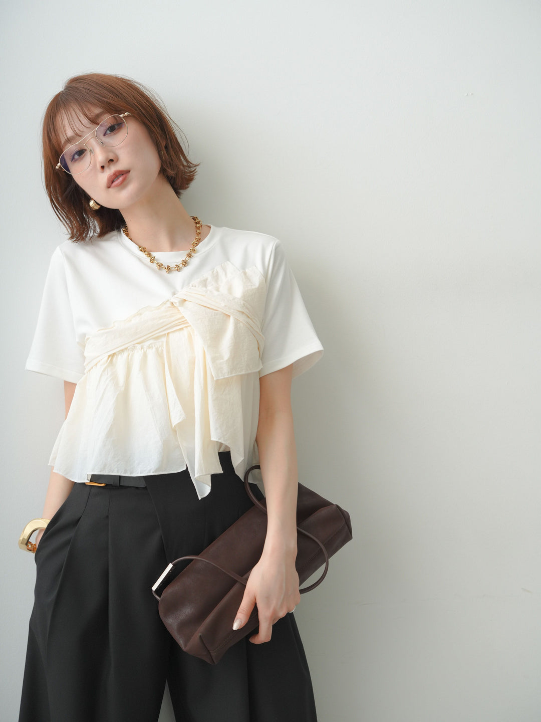 [SET]ナイロンドッキングツイストTEE +アシンメトリーベルトタックワイドパンツ(2set)