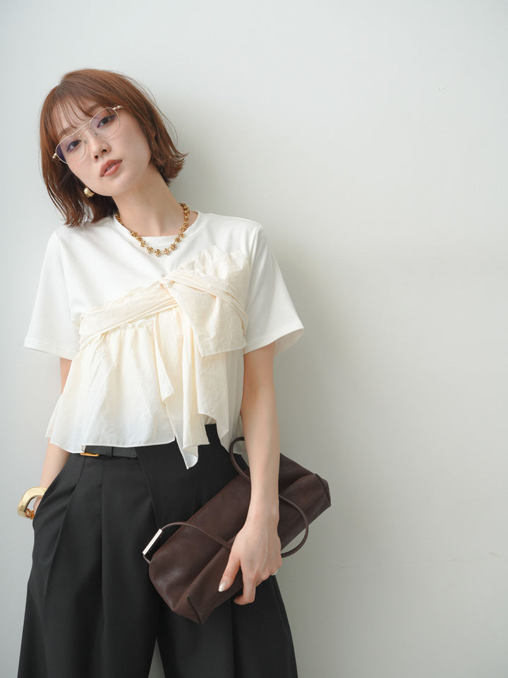 [SET]ナイロンドッキングツイストTEE +アシンメトリーベルトタックワイドパンツ(2set)