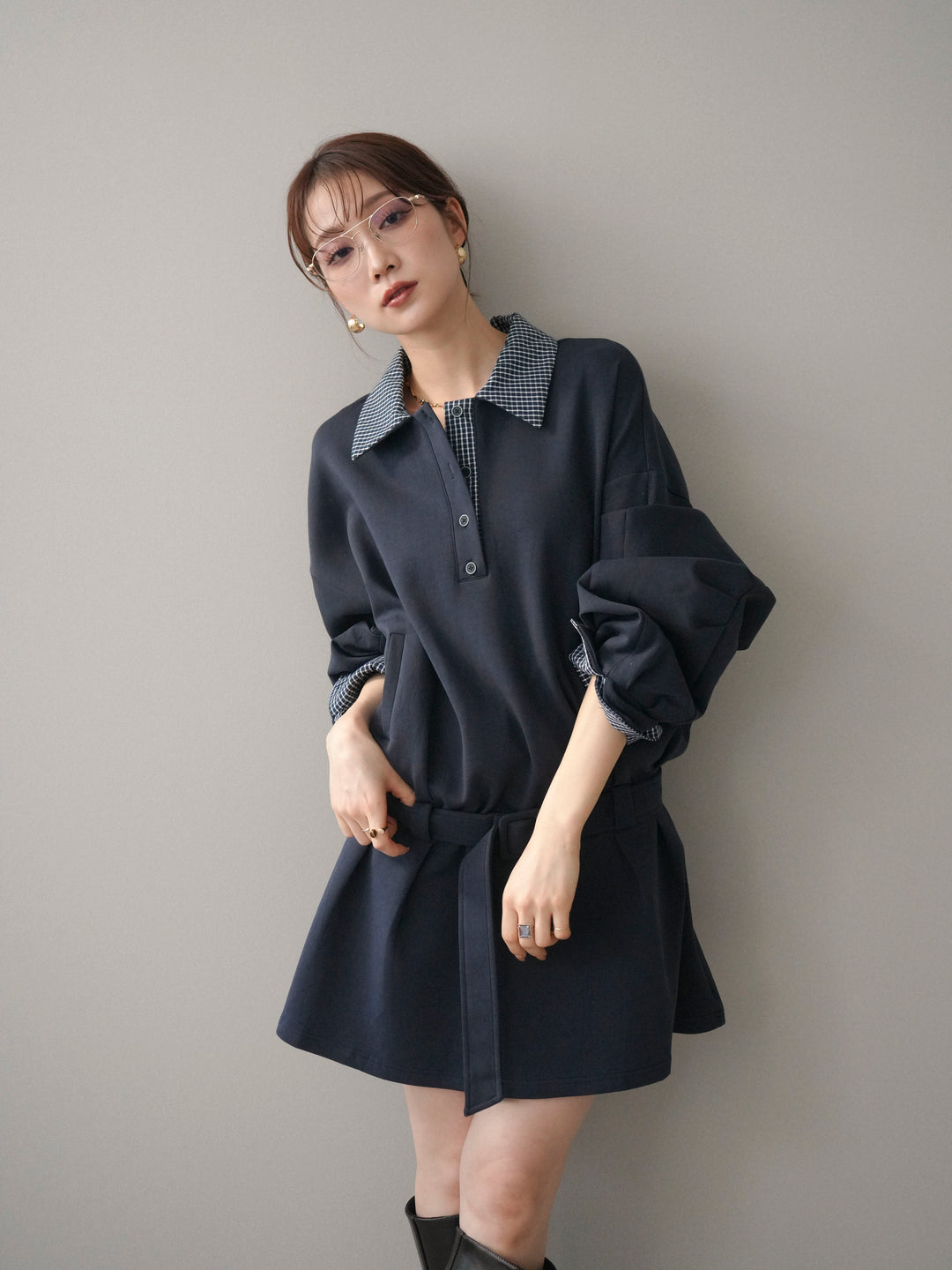 [予約]チェック襟xスエットミニワンピース/blue