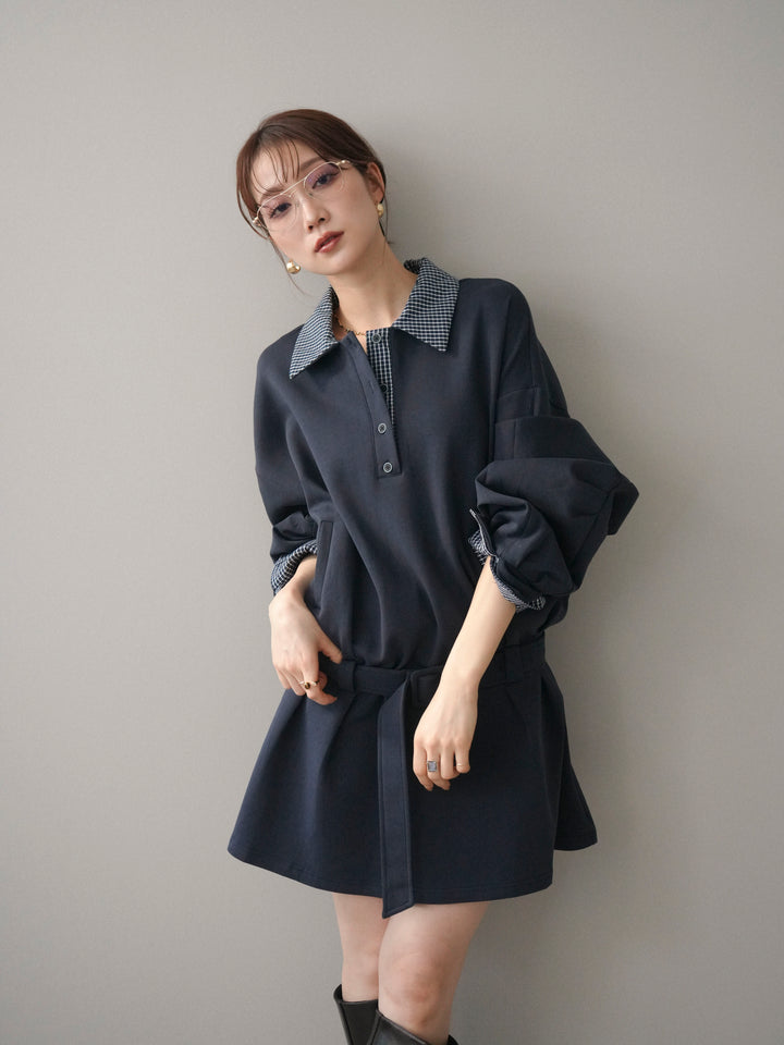 [予約]チェック襟xスエットミニワンピース/blue