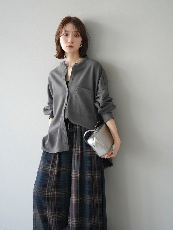 [SET]スエードバンドカラーオーバーシャツ+シアーチェックバギーパンツ(2set)