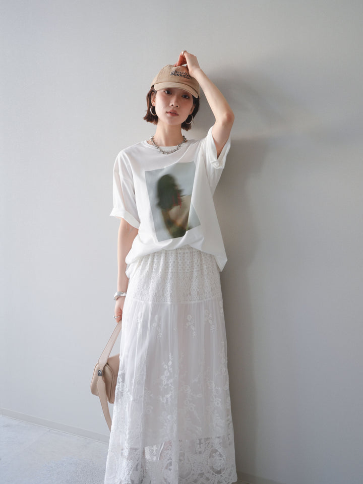 [SET]ブラーアートフォトTシャツ+シアーレースマキシスカート(2set)
