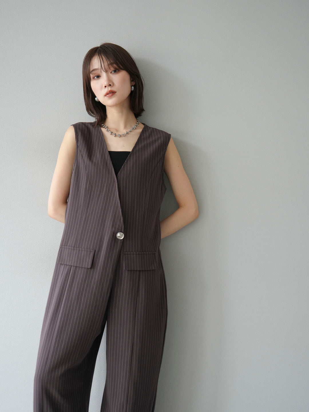 [予約]ストライプラップデザインオールインワン/ブラウン