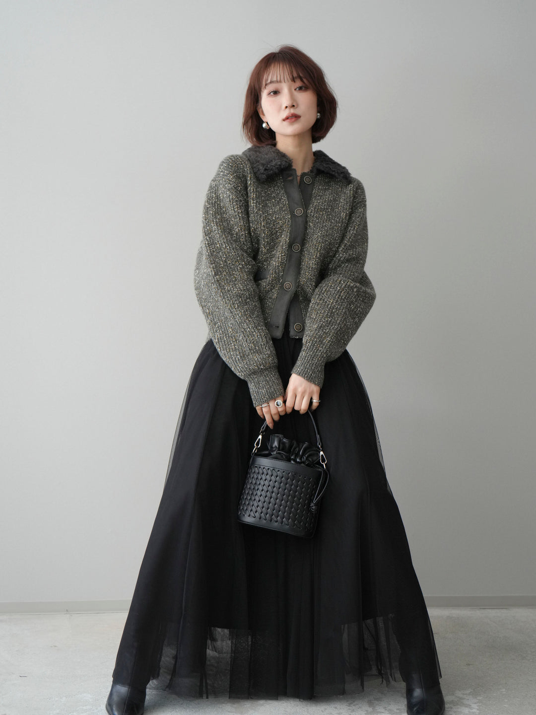 [SET]襟ボアミックスヤーンニットカーディガン+チュールボリュームスカート(2set)