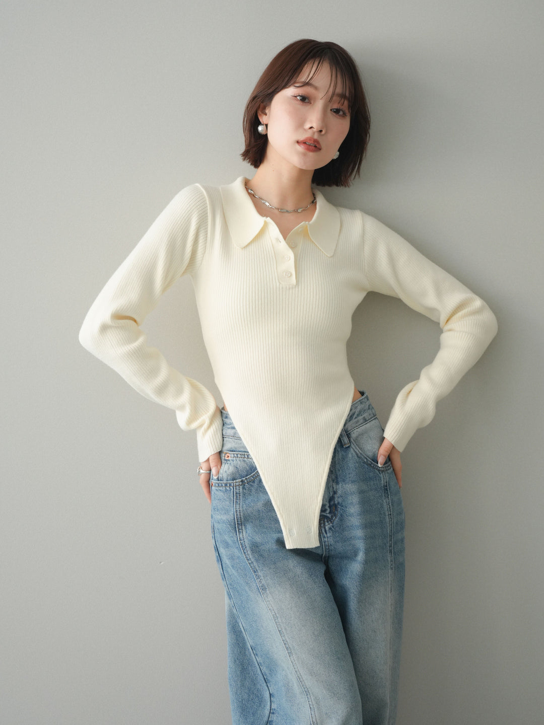 [予約]リブポロニットボディスーツ/ivory