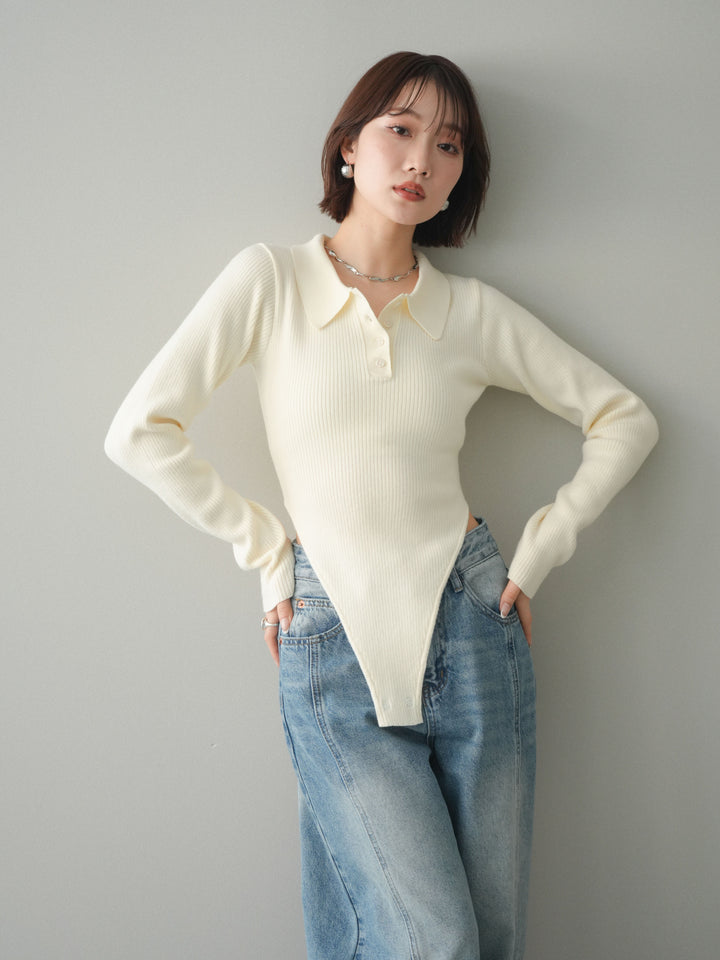 [予約]リブポロニットボディスーツ/ivory