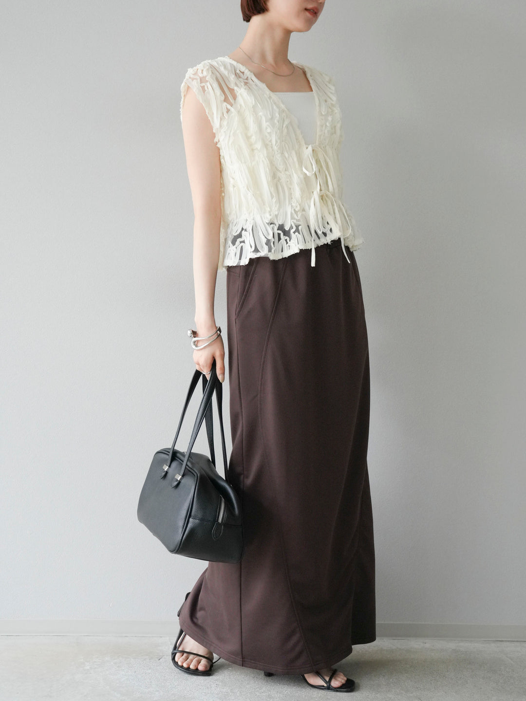 [SET]ジャガードレースリボントップス+スウェットロングスカート(2set)