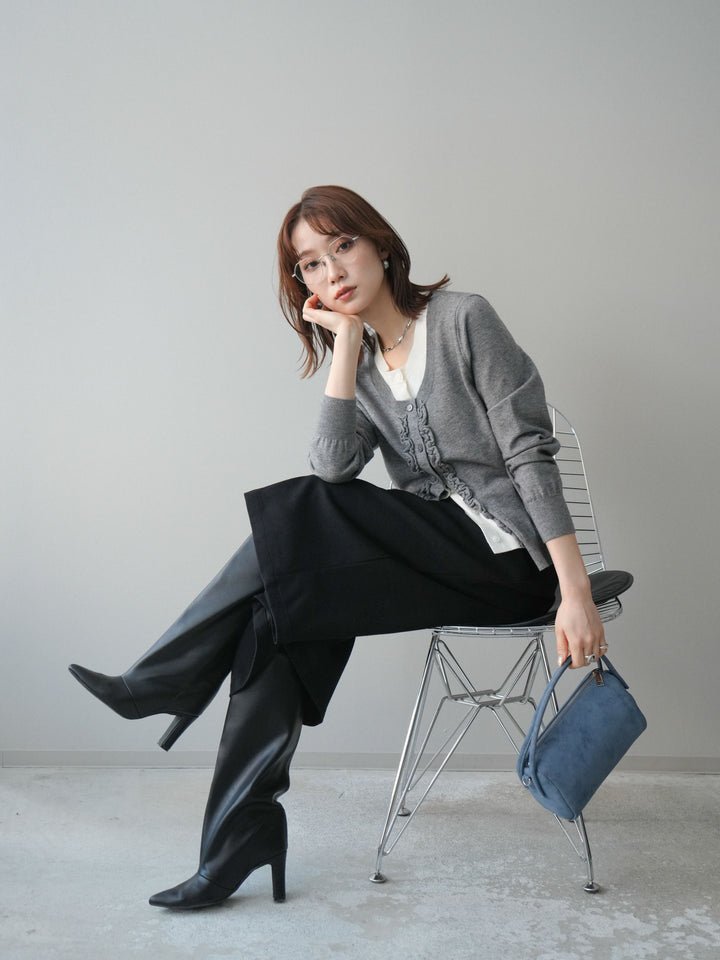 [予約]配色レイヤードフリルデザインニットカーディガン/gray