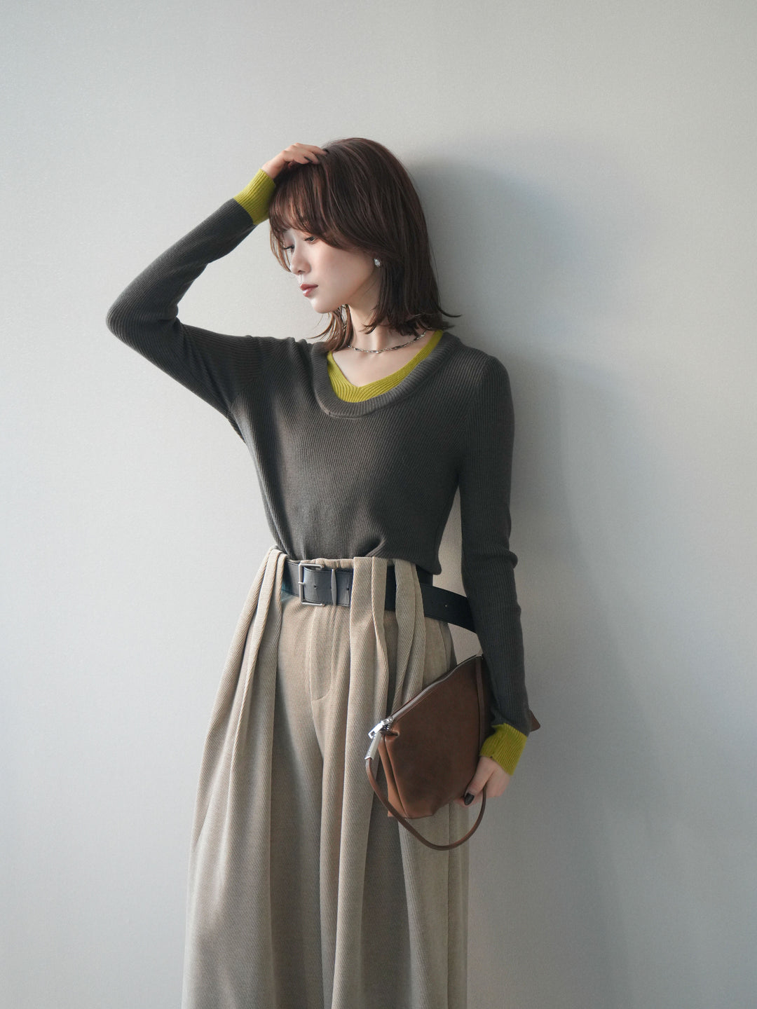 [予約]Uネック配色レイヤードリブニットトップス/gray