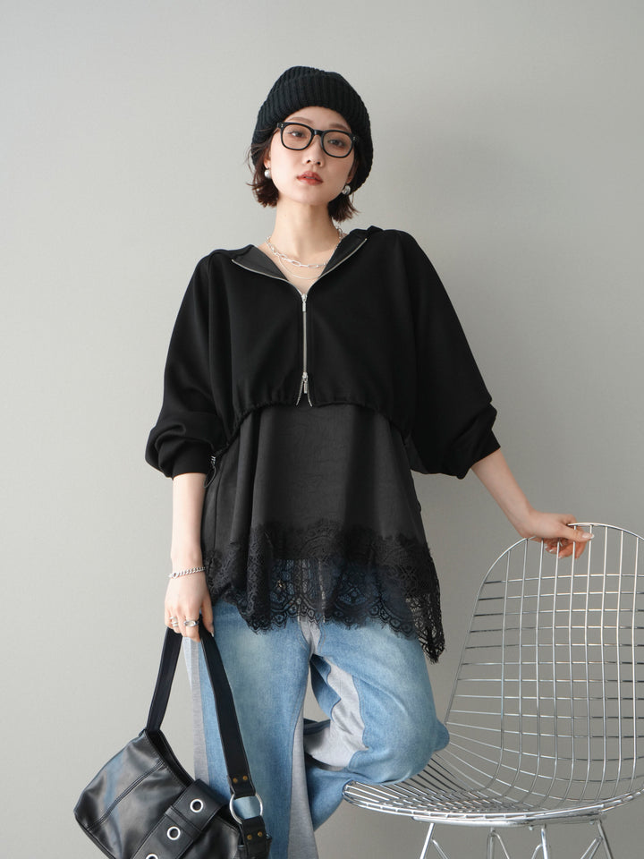 [予約]バイカラー異素材ライトポンチクロップドZIPフーディー/black