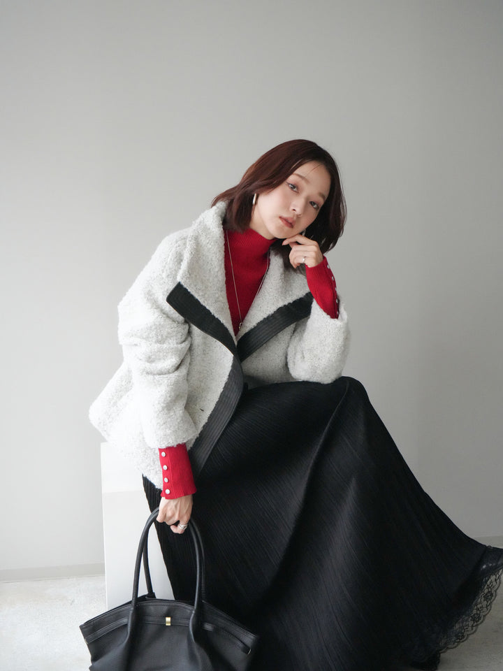 [SET]レザー切替ブークレブルゾン+裾レーススウェードプリーツマキシスカート(2set)