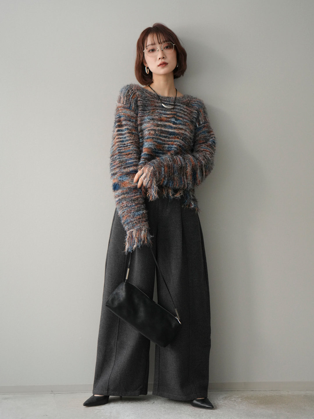 [SET]裾フリンジミックスヤーンシャギープルオーバー+ベルト付起毛コクーンパンツ(2set)