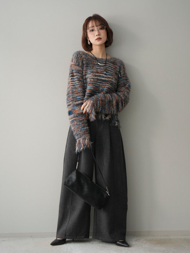 [SET]裾フリンジミックスヤーンシャギープルオーバー+ベルト付起毛コクーンパンツ(2set)