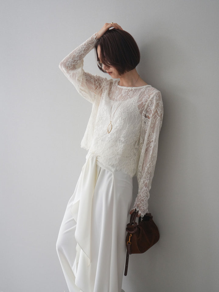 [SET]2WAYスリーブレーストップス+ラッフルベルトワイドパンツ(2set)