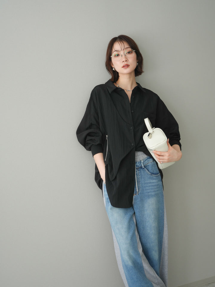 [予約]リブカフスアシンメトリーZIPデザインオーバーシャツ/black