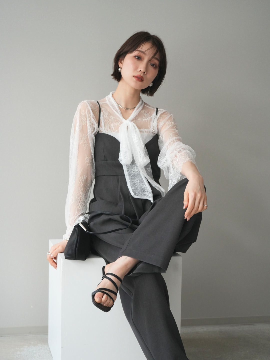 [SET]バックデザインサロペット+リバーレースボウタイトップス(2set)