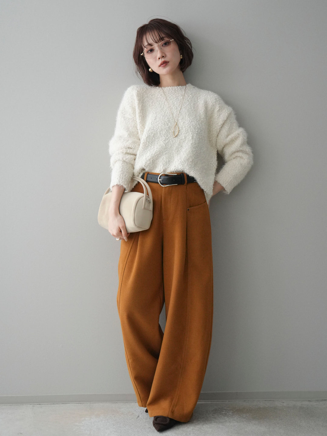 [SET]モールラメミックスヤーンニットプルオーバー+ベルト付起毛コクーンパンツ(2set)