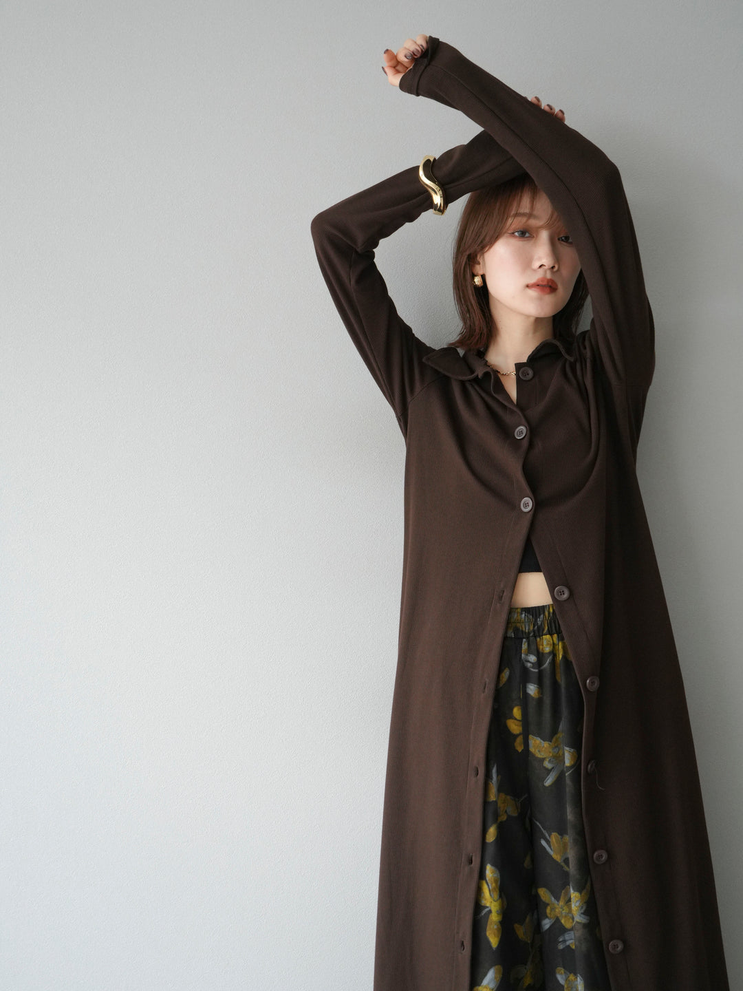 [SET]襟付きカットリブボタンワンピース+フラワープリントチュールレイヤードパンツ(2set)