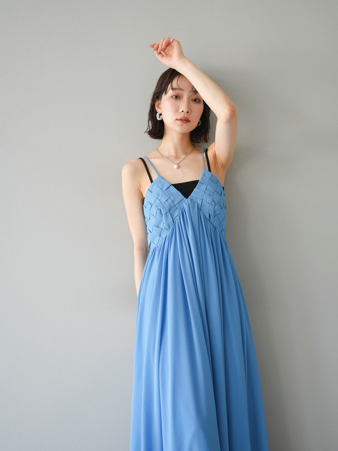 [SET]編み込みデザインシフォンワンピース+カップ付テレコリブベアキャミソール(2set)