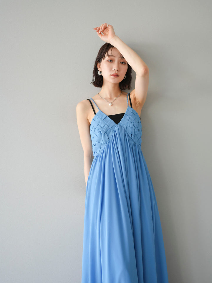 [SET]編み込みデザインシフォンワンピース+カップ付テレコリブベアキャミソール(2set)