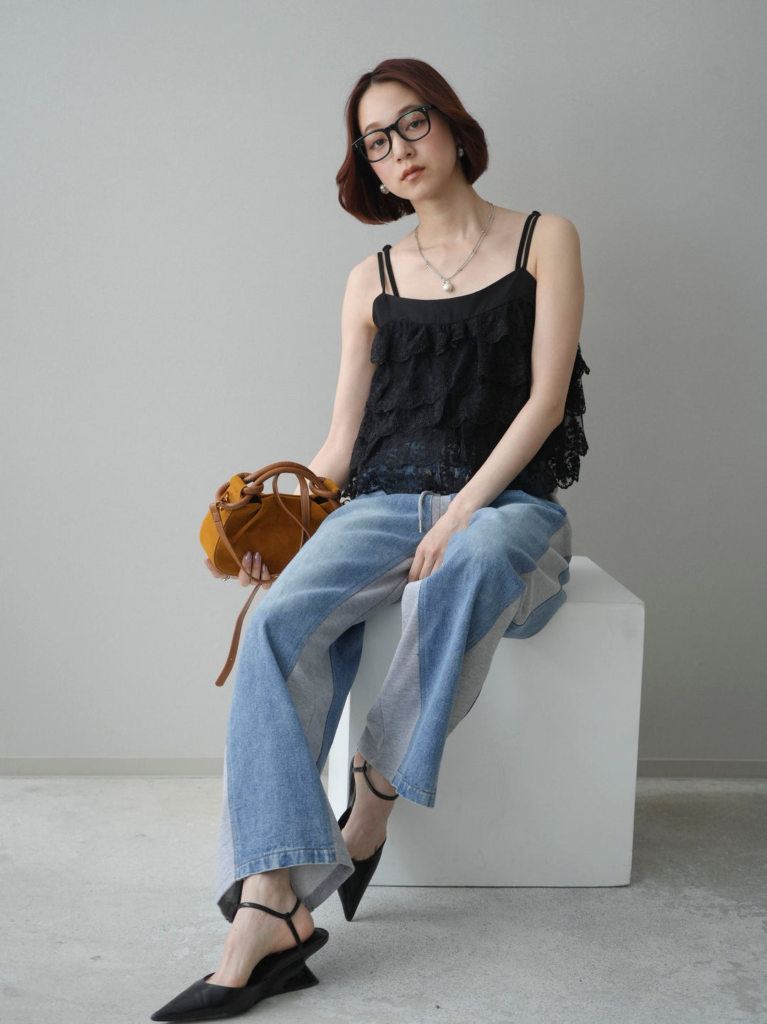 [SET]スカラップレースフリルキャミソール+デニム切替スウェットパンツ(2set)