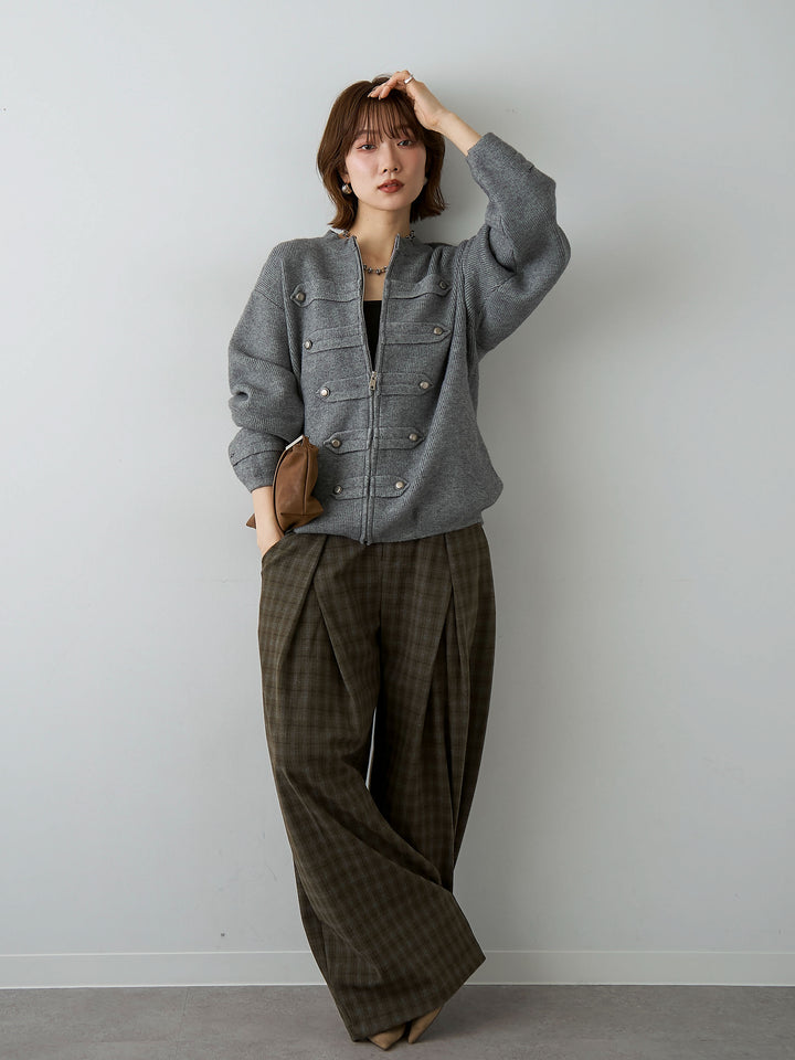 [SET]ナポレオンジップニットカーディガン+チェックサイドベルトデザインタックパンツ(2set)