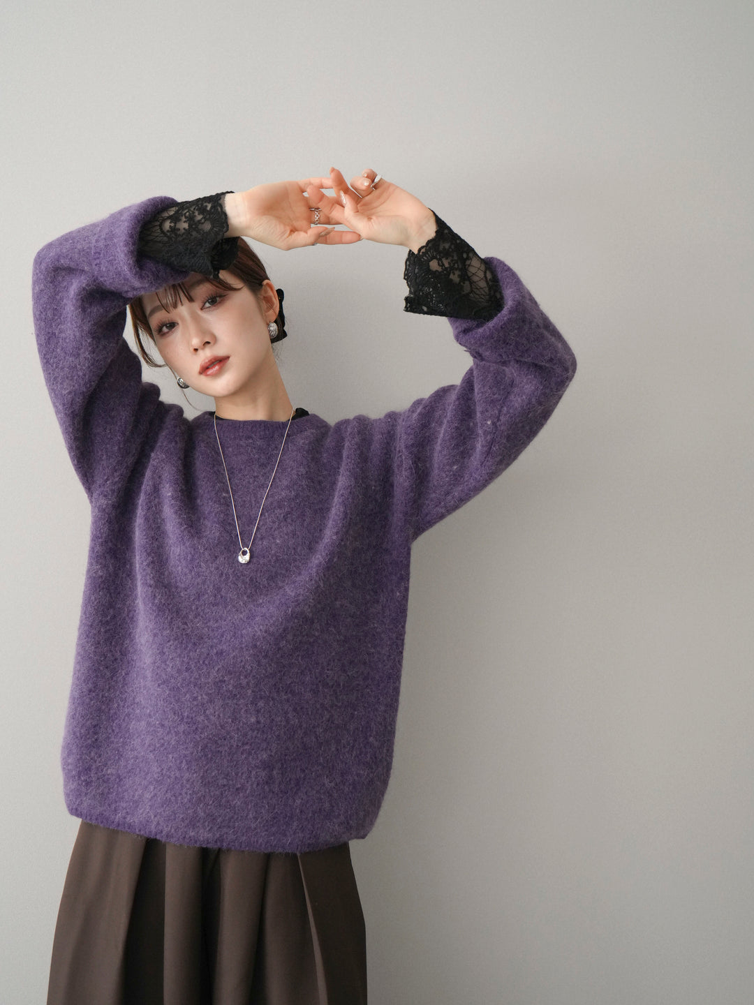 [SET]アンゴラタッチクルーネックニットプルオーバー+チュールレーストップス+テープベルトタックバギーパンツ(3set)