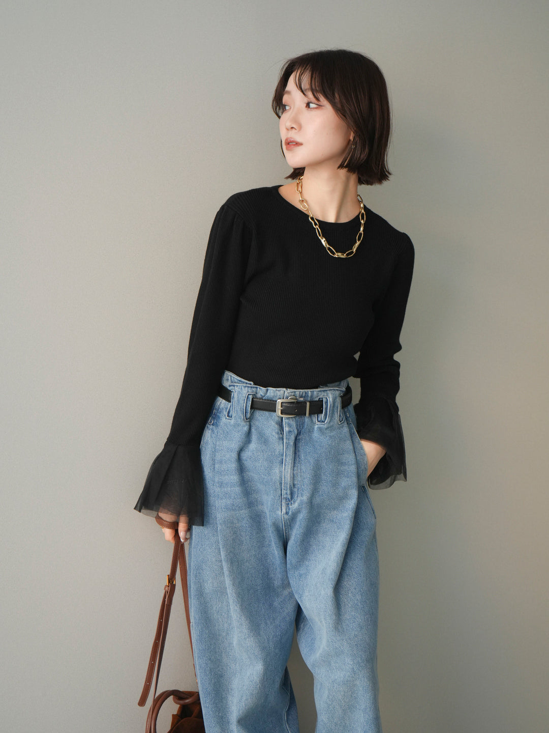 [SET]袖チュールパワショルリブニットトップス+選べるアクセセット(2set)