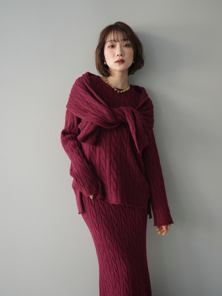 [SET]ストール付ケーブルニットプルオーバー&ロングスカートSET UP+選べるアクセセット(2set)