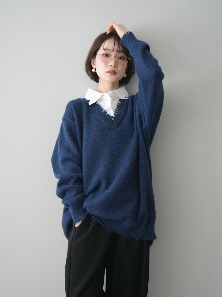 [予約]シャツドッキングVネックフリンジニットプルオーバー/navy