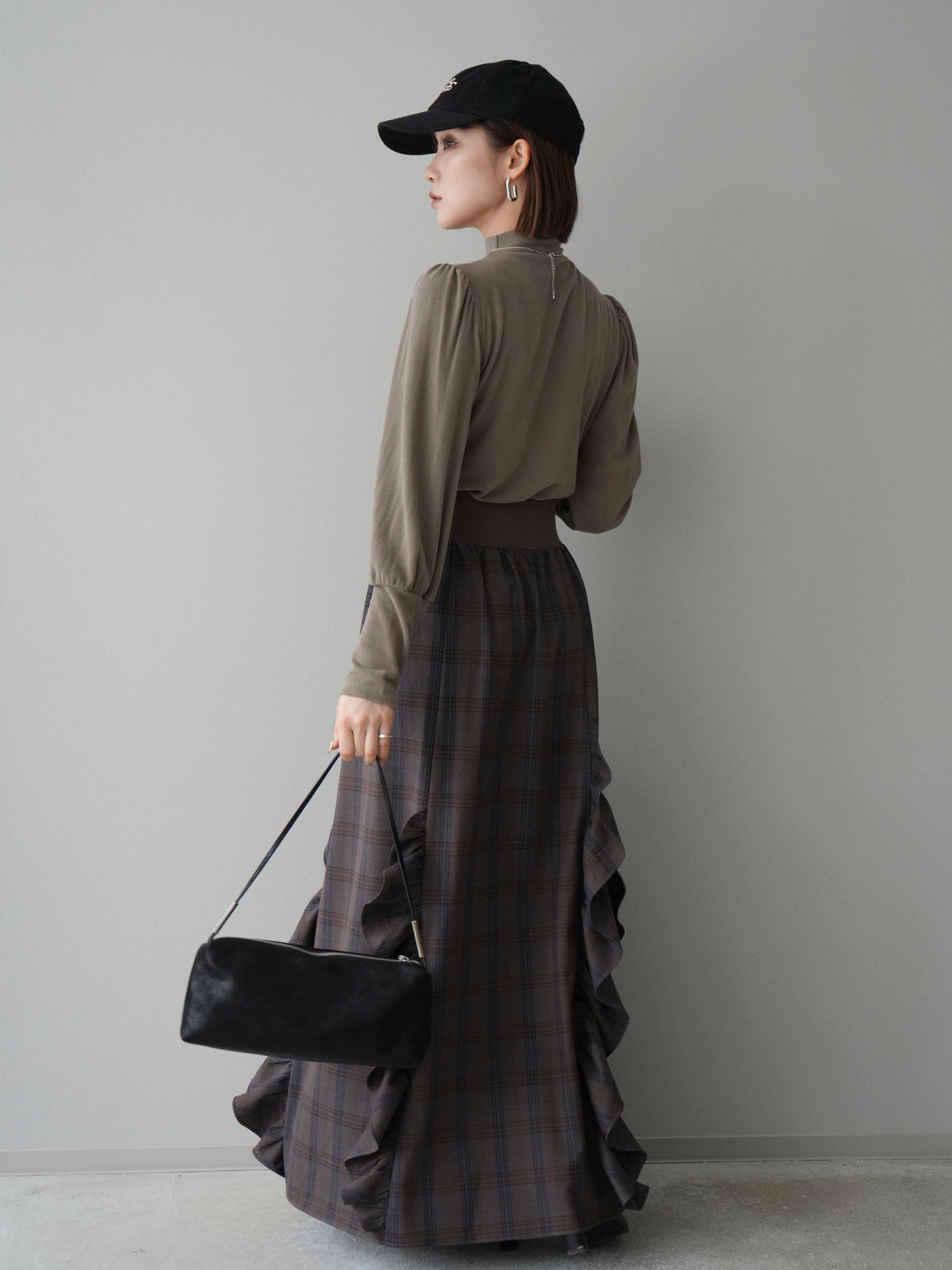 [SET]プチネックパワーショルダー起毛トップス+チェック柄フリルハイウエストマキシスカート(2set)