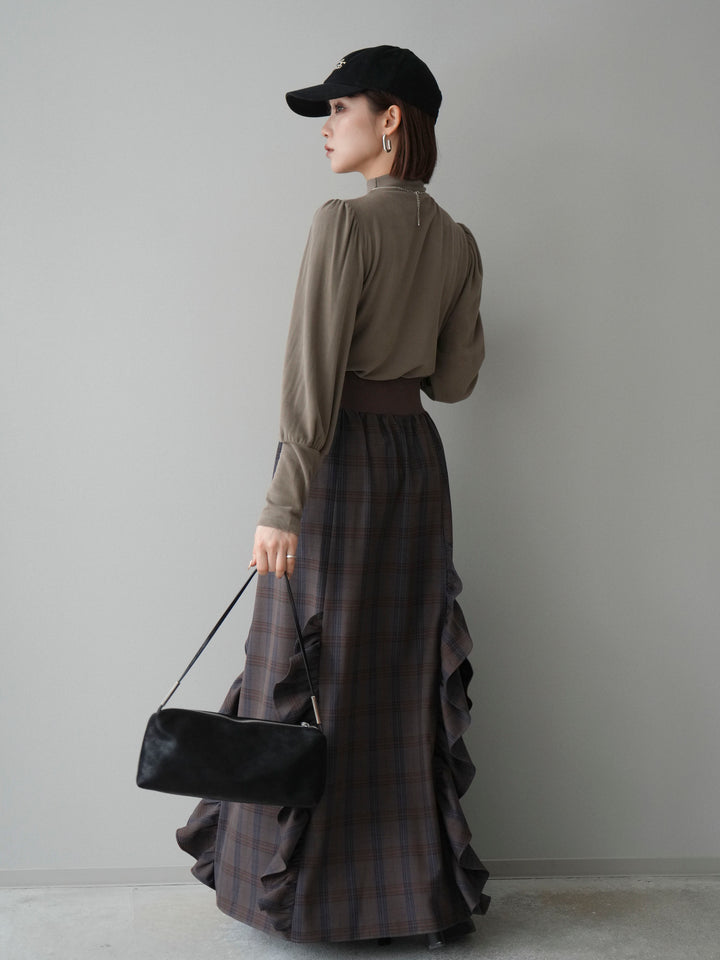 [SET]プチネックパワーショルダー起毛トップス+チェック柄フリルハイウエストマキシスカート(2set)