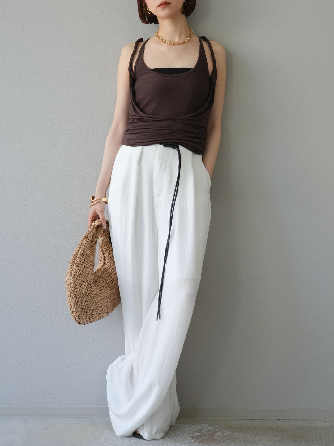 [予約]ロープデザインベルトリネンタッチワイドパンツ/オフ