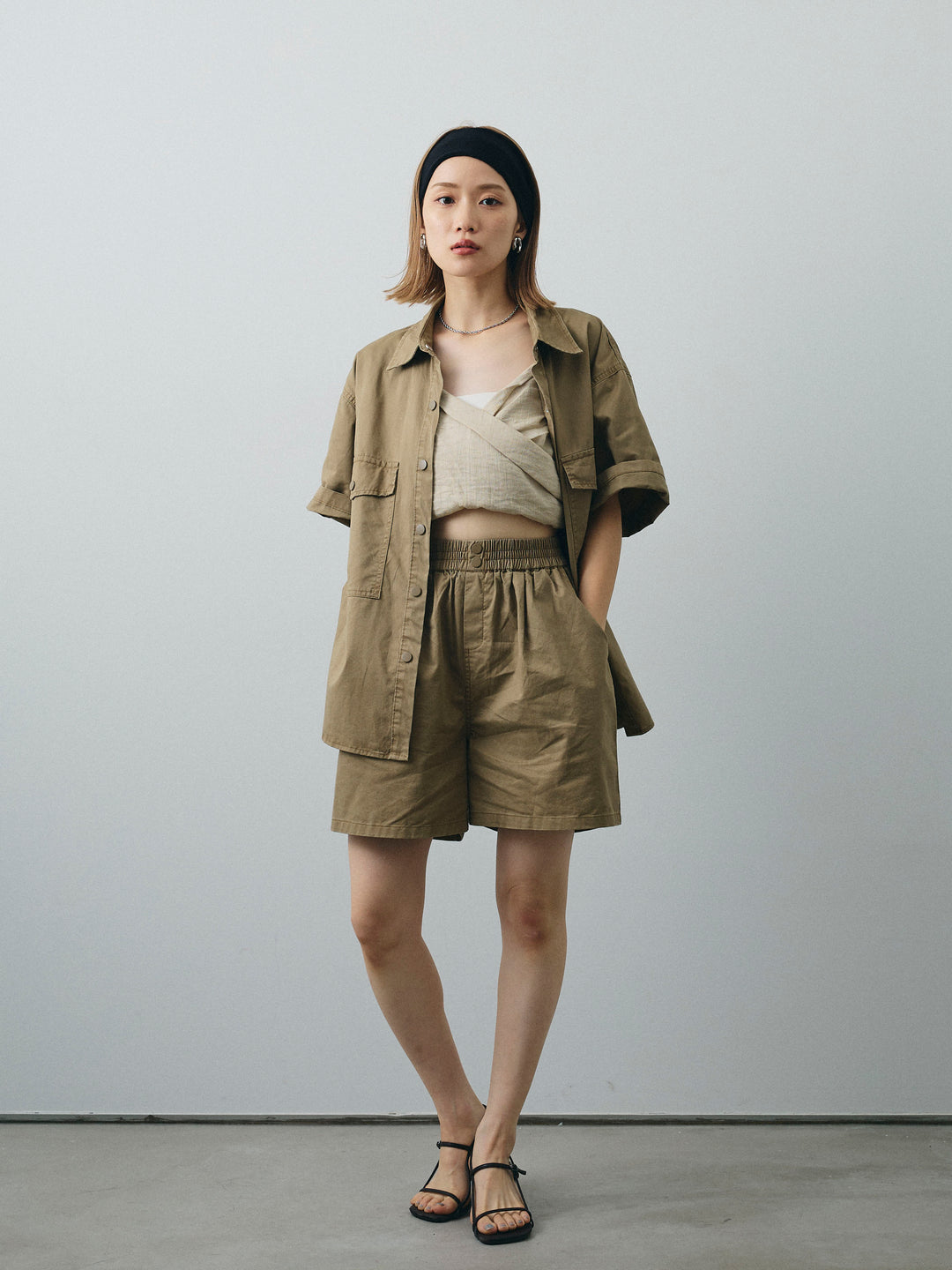 [SET]ミリタリーオーバーシャツ＆ハーフパンツSET UP+リネンライクカシュクールデザインビスチェ(2set)