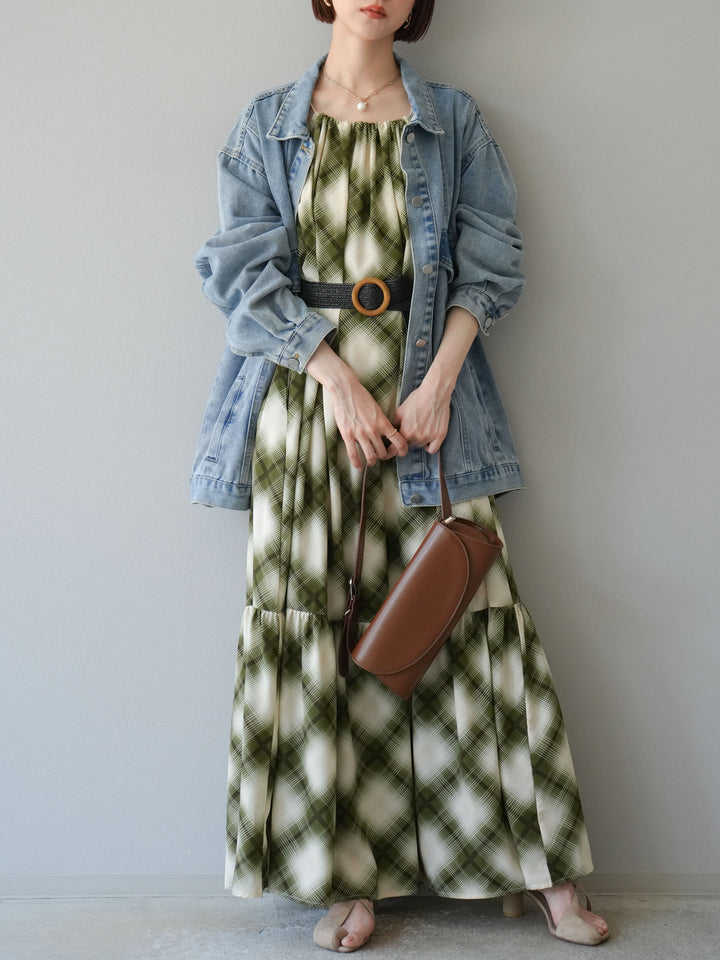 [SET]ベルト付チェックノースリーブワンピース+ビンテージデザインBIGデニムジャケット(2set)