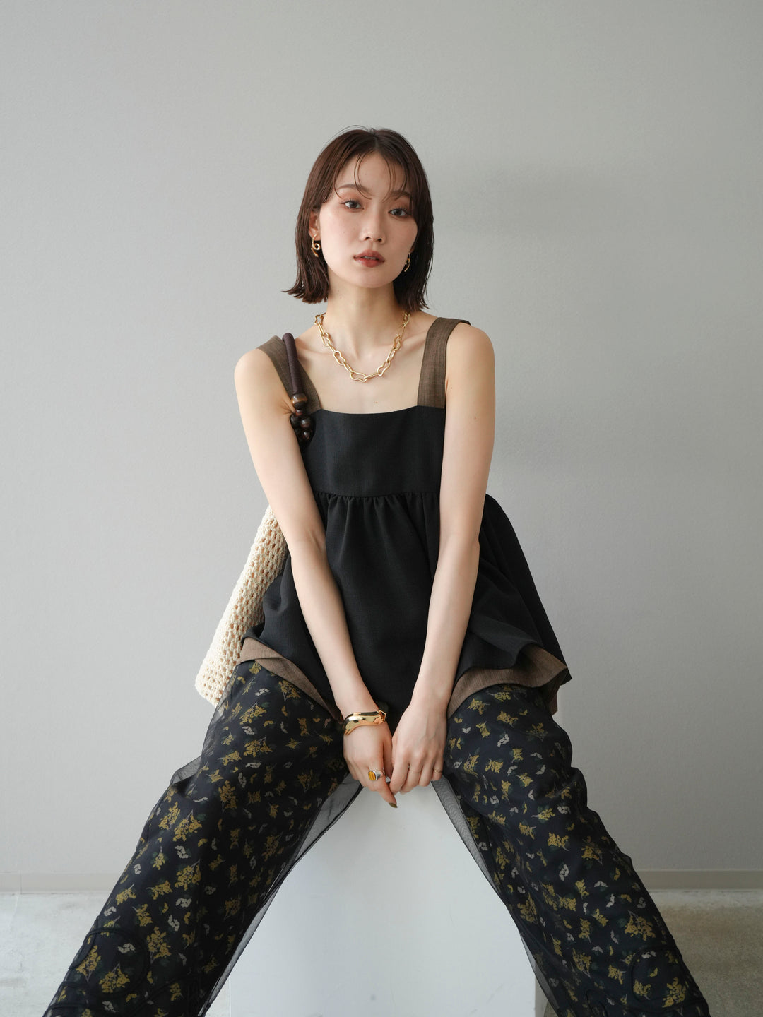 [予約]リネンライク配色フレアタンクトップ/ブラック