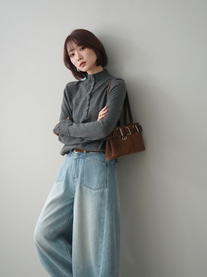 [予約]袖スカラップレースフロントボタンウールニットトップス/gray