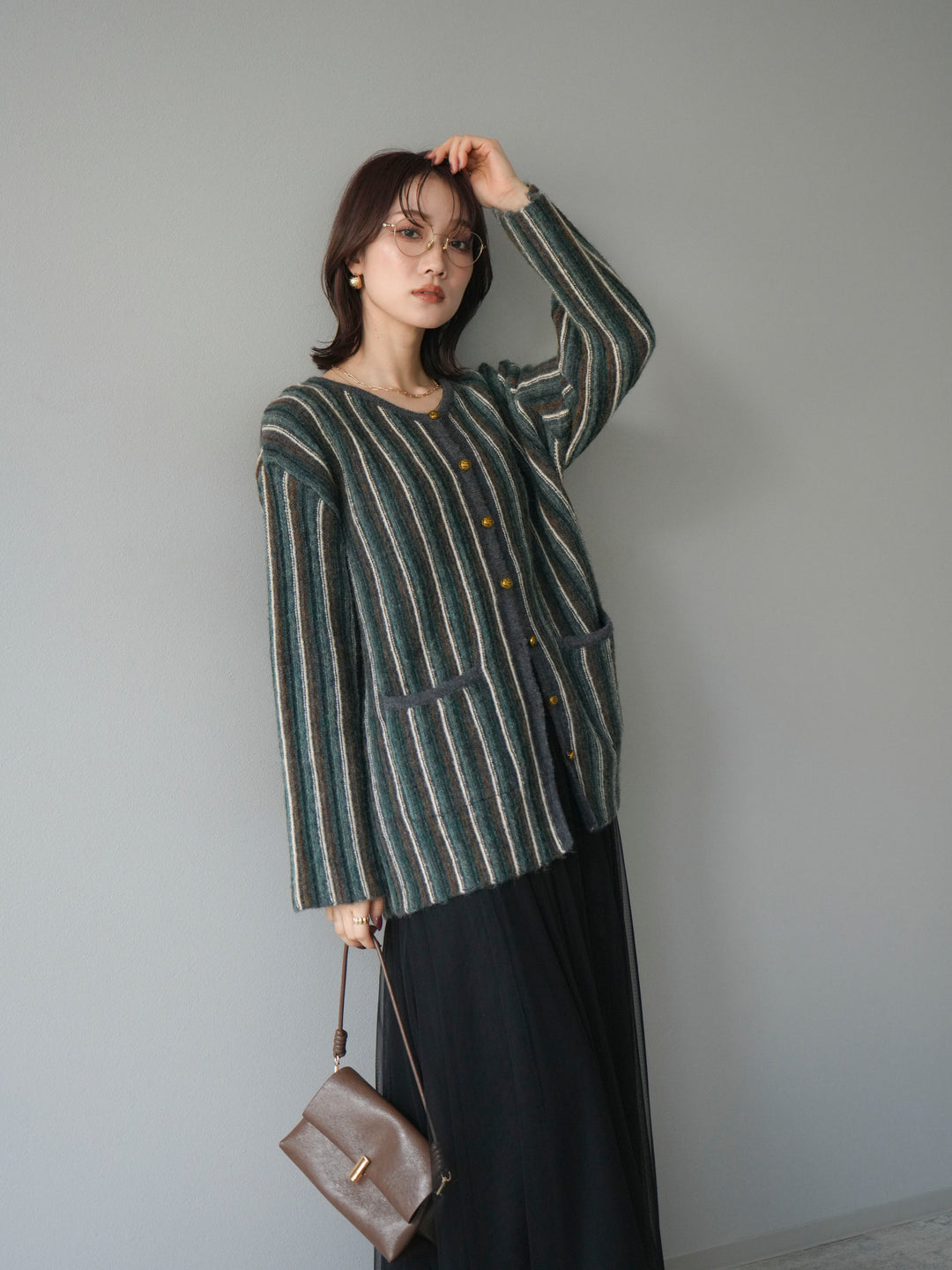 [予約]アンティークボタンストライプニットカーディガン/charcoal