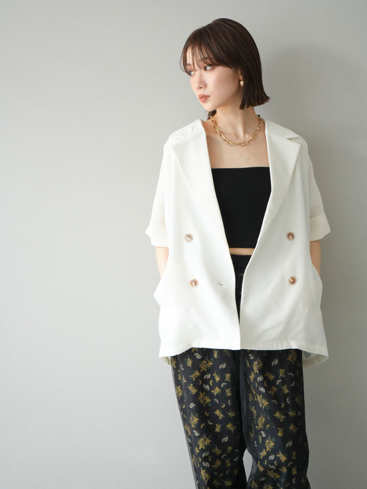 [SET]リネンライクハーフテーラードジャケット+コード刺繍チュールレイヤードパンツ(2set)