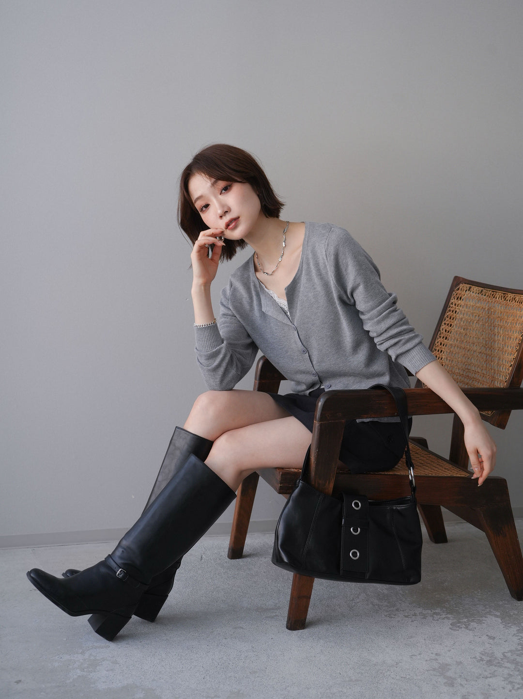 [予約]レースレイヤードニットカーディガン/gray