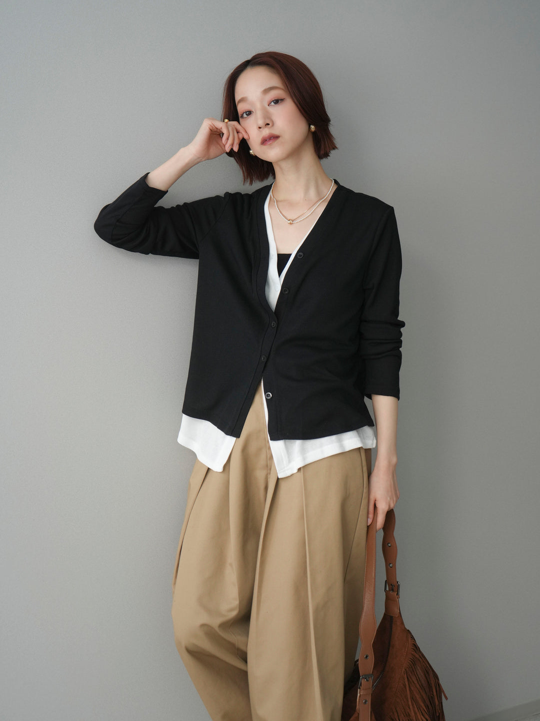 [予約]配色レイヤードカットリブカーディガン/black