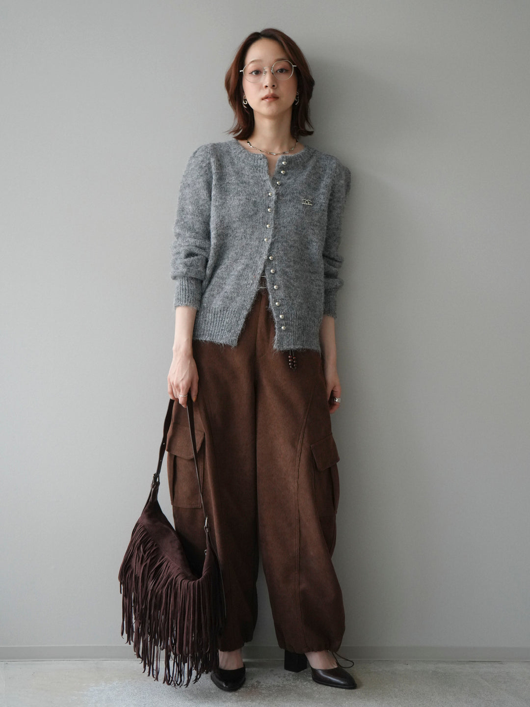 [予約]ブローチ付silverボタンミックスニットカーディガン/gray