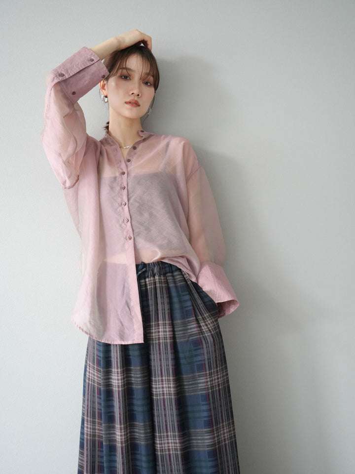[SET] 亮面透視立領襯衫 + 透視格紋寬鬆褲 (2 件套)