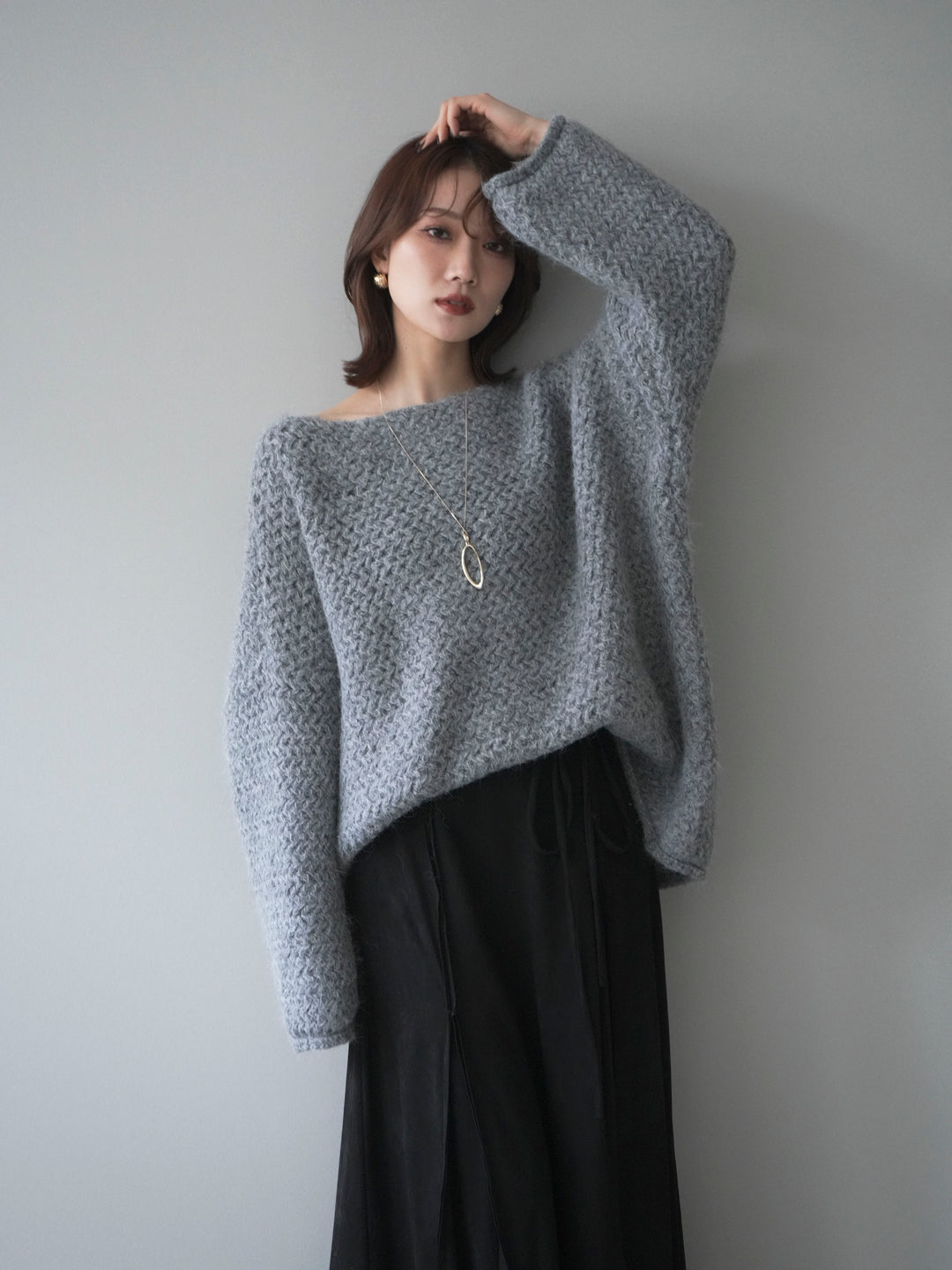 [予約]ワッフル編みオーバーニットプルオーバー/gray